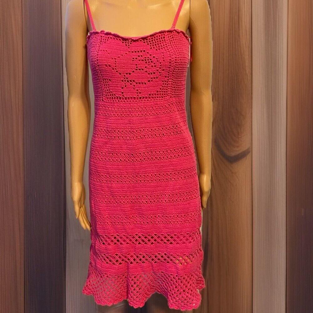 Vintage GUESS Tank Sundress Sz M Knit Crochet Pink Cottagecore Barbiecore Strap
